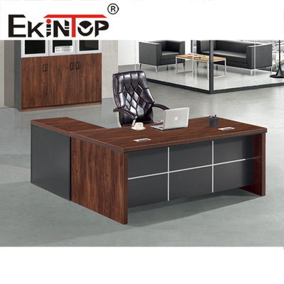 Bàn làm việc văn phòng lớn bằng gỗ MDF Hình chữ L Viền PVC Màu gỗ gụ