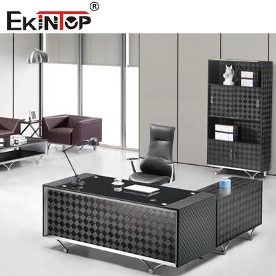 Bàn kính văn phòng hình chữ L hiện đại màu đen trong suốt Nội thất bàn làm việc tại nhà