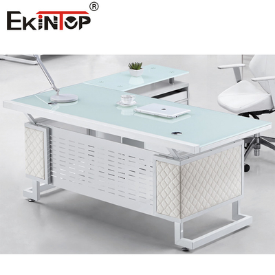 Bàn chân kim loại màu trắng xanh Bàn kính điều hành Bề mặt bền được đánh bóng