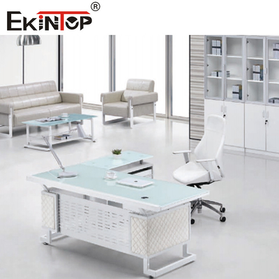 Bàn chân kim loại màu trắng xanh Bàn kính điều hành Bề mặt bền được đánh bóng