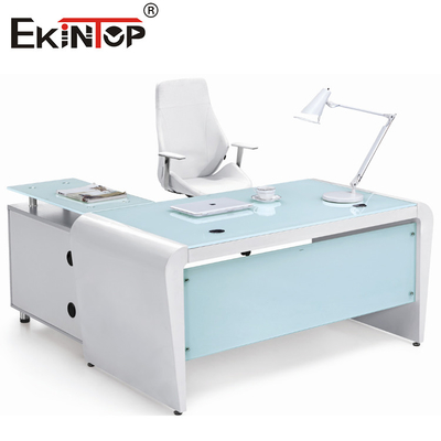 Hình chữ nhật Máy tính văn phòng màu trắng xanh Bàn kính có ngăn kéo và ngăn chứa