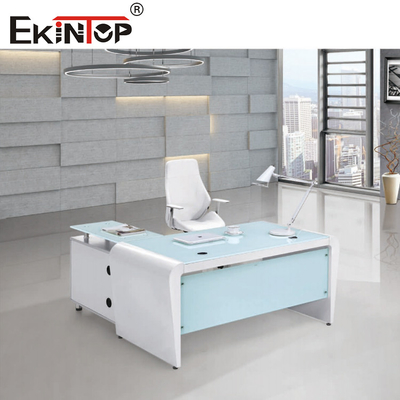 Hình chữ nhật Máy tính văn phòng màu trắng xanh Bàn kính có ngăn kéo và ngăn chứa