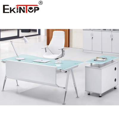 Hình chữ nhật Máy tính văn phòng màu trắng xanh Bàn kính có ngăn kéo và ngăn chứa