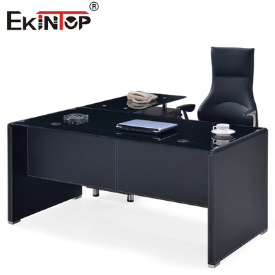 Bàn máy tính kính đen hiện đại với chân kim loại ngăn kéo tùy chỉnh kích thước