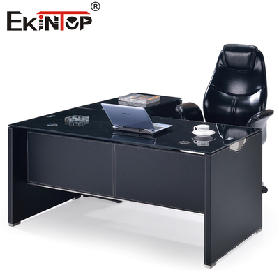 Bàn máy tính kính đen hiện đại với chân kim loại ngăn kéo tùy chỉnh kích thước