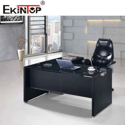 Bàn máy tính kính đen hiện đại với chân kim loại ngăn kéo tùy chỉnh kích thước