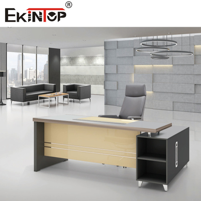 Bàn kính văn phòng hình chữ L hiện đại màu đen trong suốt Nội thất bàn làm việc tại nhà