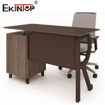 Bàn máy tính trên kính nâu với ngăn kéo kim loại gỗ tùy chỉnh