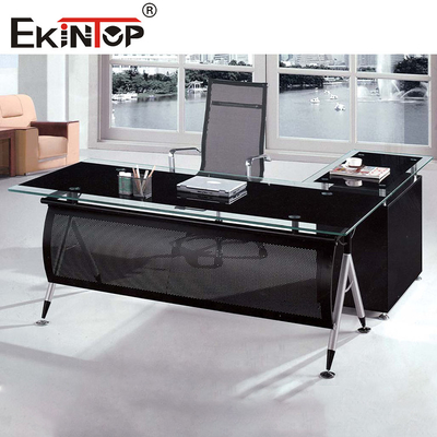 Bàn văn phòng kính màu đen với ngăn kéo Chân kim loại cho sử dụng trong nhà và kinh doanh