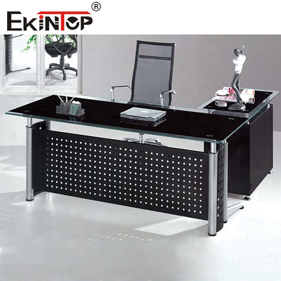 Bàn văn phòng kính màu đen với ngăn kéo Chân kim loại cho sử dụng trong nhà và kinh doanh