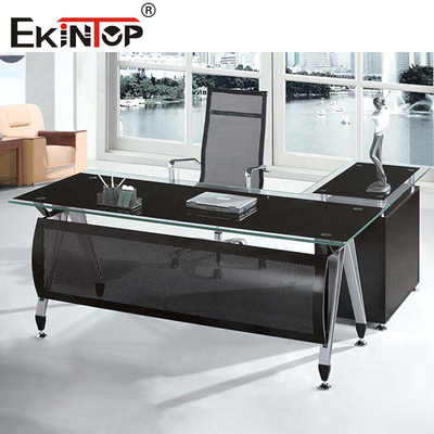 Bàn văn phòng kính màu đen với ngăn kéo Chân kim loại cho sử dụng trong nhà và kinh doanh