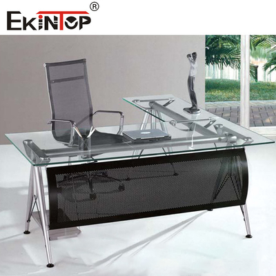 Bàn văn phòng kính màu đen với ngăn kéo Chân kim loại cho sử dụng trong nhà và kinh doanh