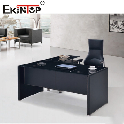 Bàn máy tính kính đen hiện đại với chân kim loại ngăn kéo tùy chỉnh kích thước